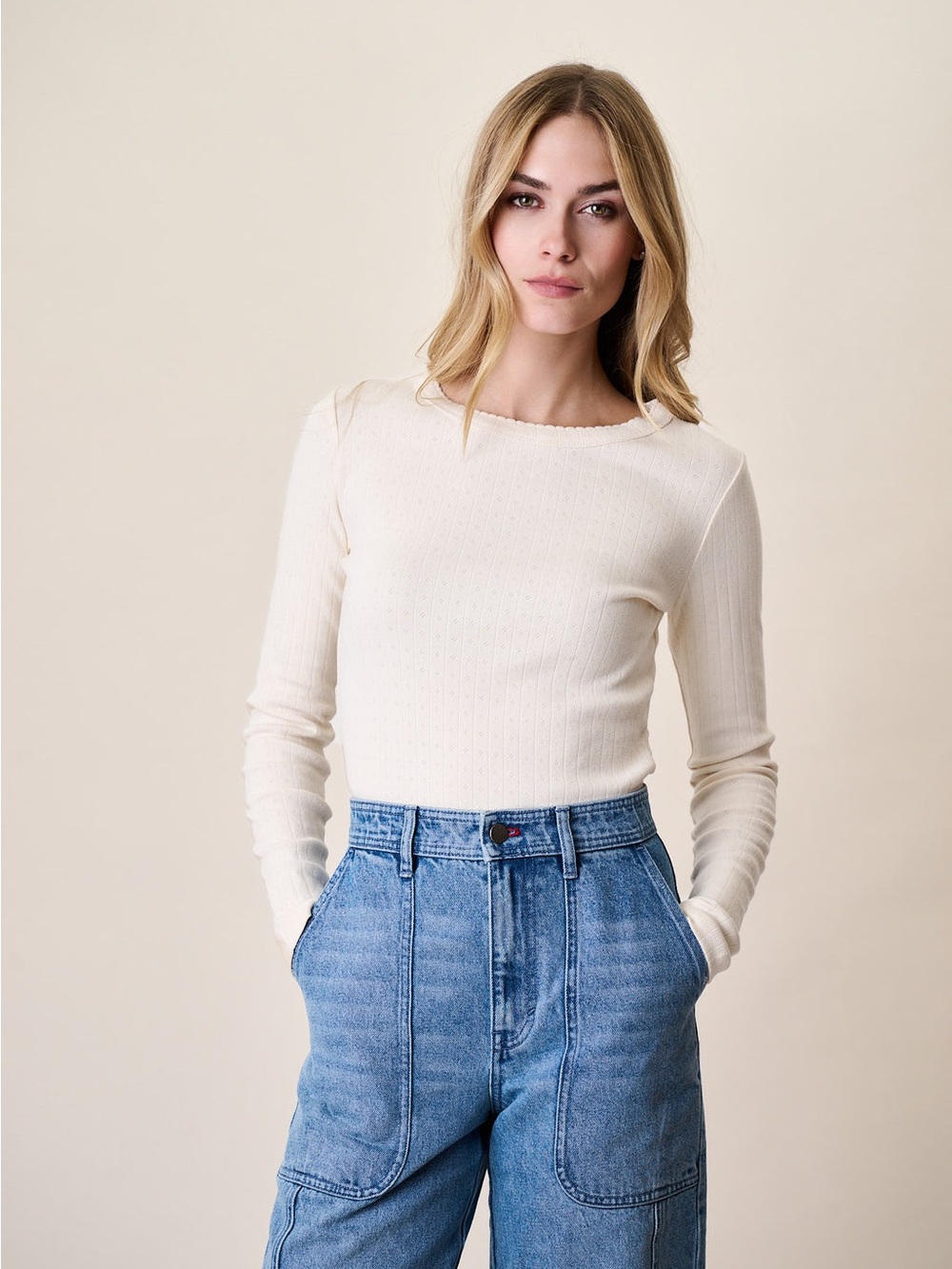 Marea Pointelle Long Sleeve Crewneck - Ivory